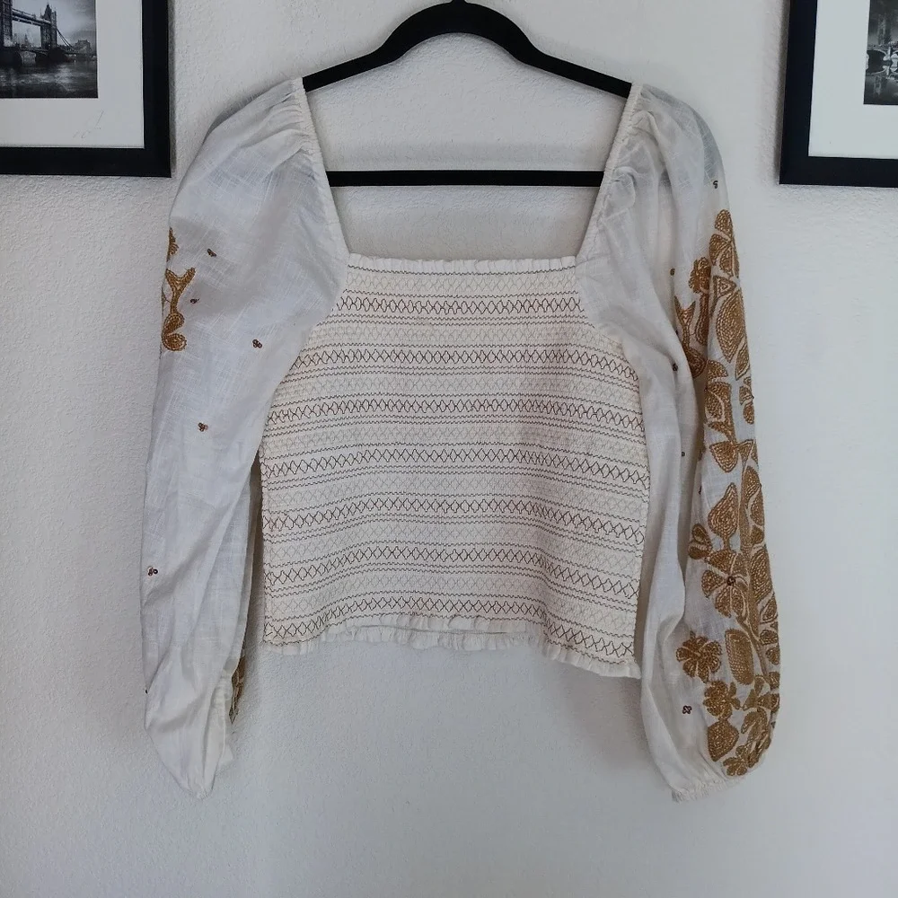 Anthropologie Smocked Top Women Size S White Gold Embroidered Puff Sleeve